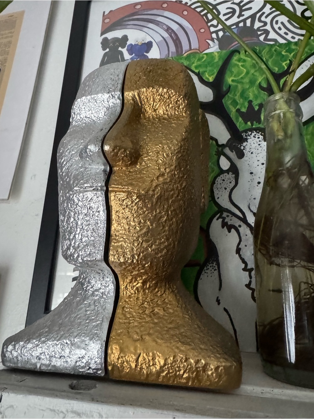 Two-Tone Gold & Silver Split Face Sculpture - Modern Home Art Accent Book ends.